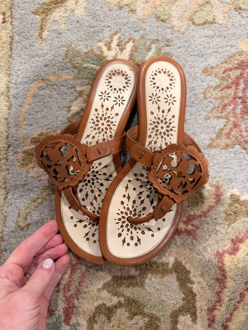 Tory Burch Cognac Leather Laser-Cut Medallion Thong Sandals